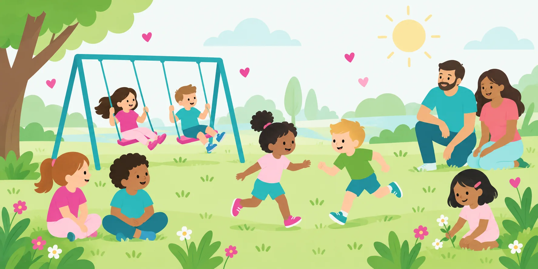 Illustration of children playing in a sunny park while caregivers watch nearby